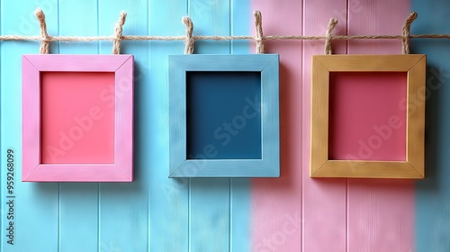 Blank pastel colored picture frames with a wall background. photo