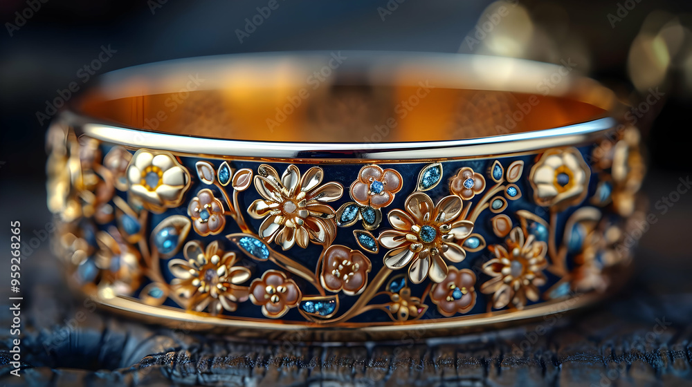 Golden Floral Bangle with Blue Gemstones - 3D Illustration Golden Floral Bangle with Blue Gemstones - 3D Illustration