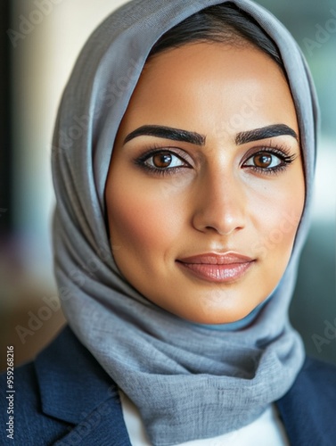 Confident Young Woman in a Gray Hijab in a Professional Setting