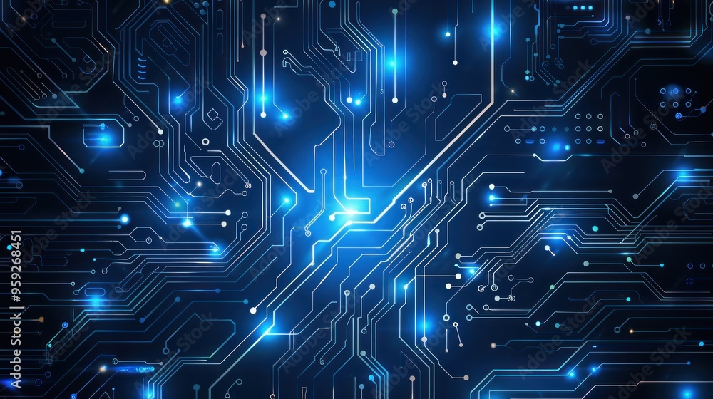Fototapeta premium Futuristic electronic circuit technology blue background concept. AI generated image
