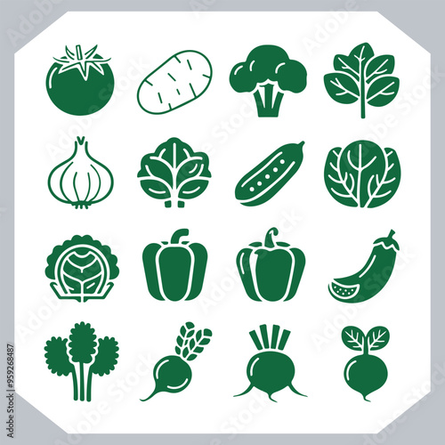 Set of vegetables black silhouette Carrot, potato, tomato, cucumber, onion, garlic, cauliflower, bell pepper, cabbage vector icon in white background.