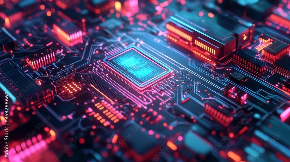 Futuristic Circuit Board with Glowing Red and Blue Lights Futuristic Circuit Board with Glowing Red and Blue Lights