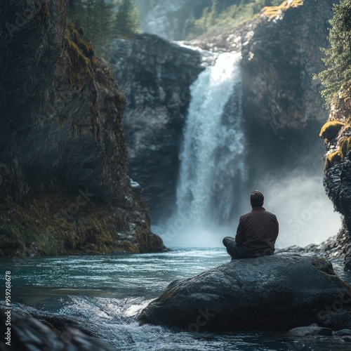 Man meditating in front of a waterfall.