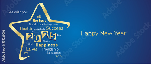 Happy New Year 2025 golden negative space numbers abstract christmas star wordcloud text white blue background vector greeting card