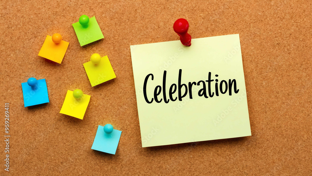 celebration word written on a note sticky on corkboard celebration word written on a note sticky on corkboard