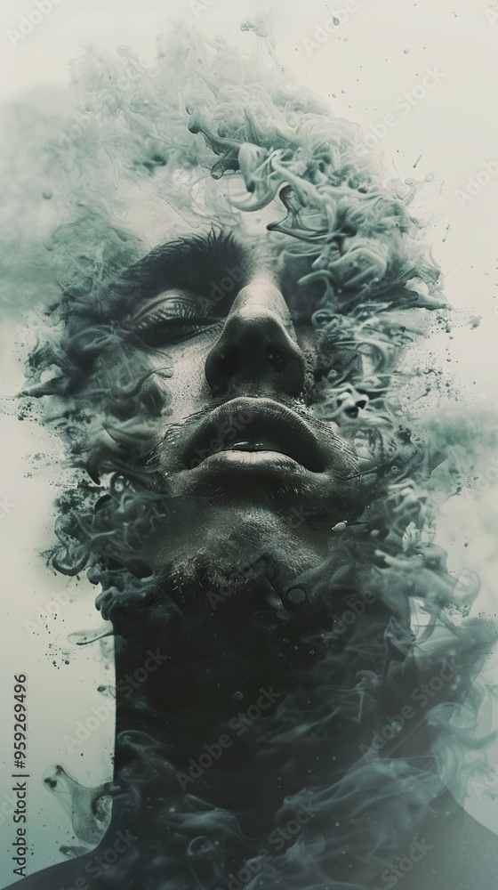 A man's face is obscured by a swirling cloud of black ink, symbolizing the power of thoughts and emotions. A man's face is obscured by a swirling cloud of black ink, symbolizing the power of thoughts and emotions.