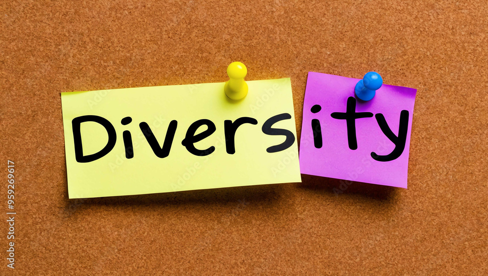 diversity word written on a note sticky on corkboard diversity word written on a note sticky on corkboard