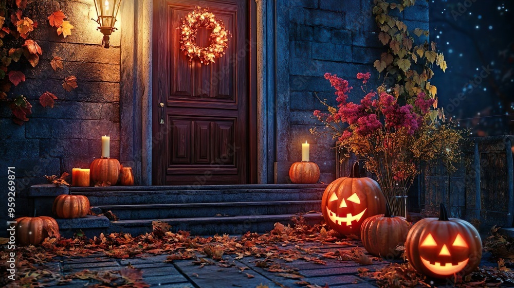 Obraz premium Stairs decorated with pumpkin from the front door for Halloween