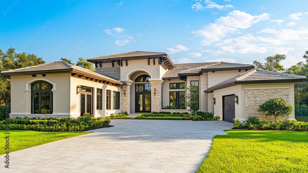 Explore a stunning modern home in vibrant Miami, featuring a beautiful brick driveway, colorful landscaping, tall palm trees, and a stylish garage door that enhances the propertys unique charm Explore a stunning modern home in vibrant Miami, featuring a beautiful brick driveway, colorful landscaping, tall palm trees, and a stylish garage door that enhances the propertys unique charm