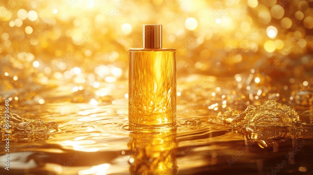 Perfume bottle on golden liquid. The image is perfect for advertising, branding, and product promotion for luxurious scents and fragrances. Perfume bottle on golden liquid. The image is perfect for advertising, branding, and product promotion for luxurious scents and fragrances.