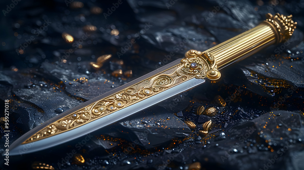 Ornate Gold Dagger on Black Background - 3D Illustration Ornate Gold Dagger on Black Background - 3D Illustration