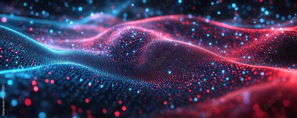 High-tech holographic field with red and blue particles, cybernetic tone, Analogous Color Scheme, seamless digital environment, side view, smooth transition of digital waves High-tech holographic field with red and blue particles, cybernetic tone, Analogous Color Scheme, seamless digital environment, side view, smooth transition of digital waves