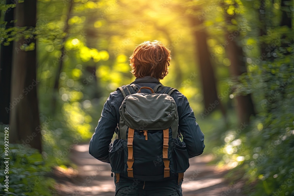 A man walks on a forest path with a backpack. This image depicts a solitary traveler venturing into nature, emphasizing the theme of exploration and adventure. A man walks on a forest path with a backpack. This image depicts a solitary traveler venturing into nature, emphasizing the theme of exploration and adventure.