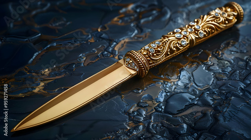 Ornate Golden Dagger with Diamonds on Dark Background - Realistic Image