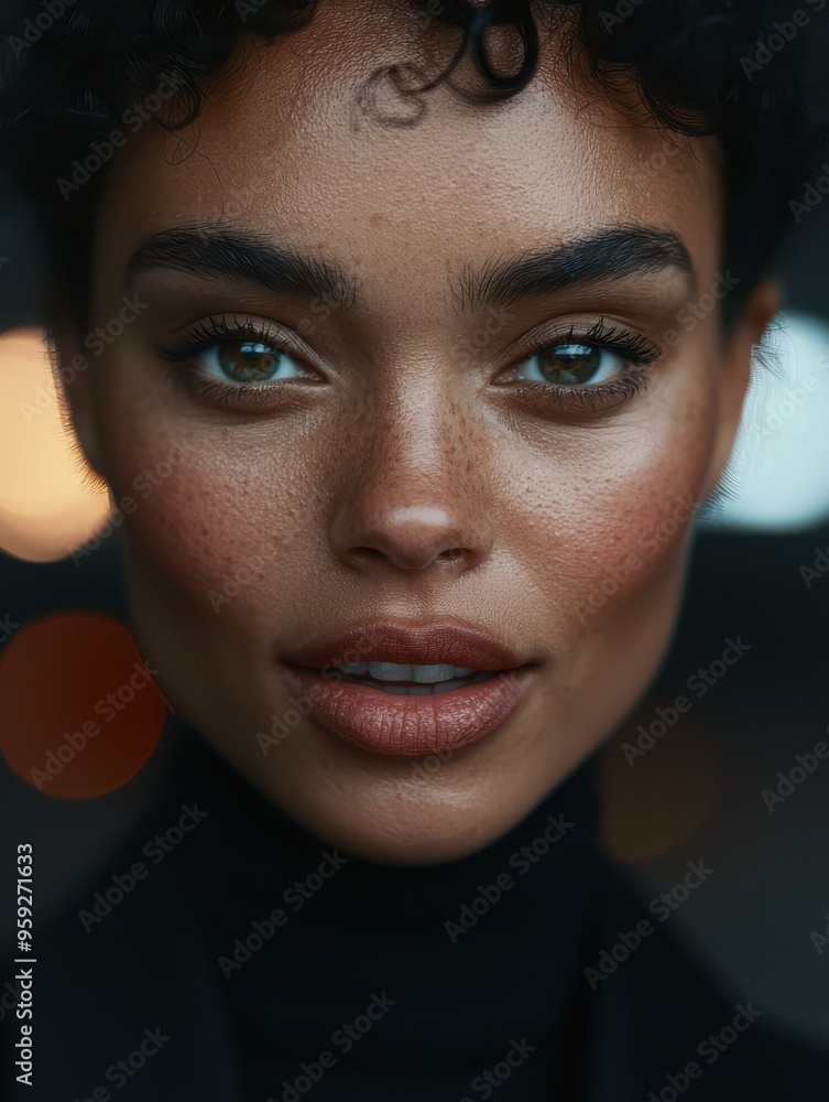 Portrait of a young woman with curly hair and natural makeup in a close-up shot Portrait of a young woman with curly hair and natural makeup in a close-up shot