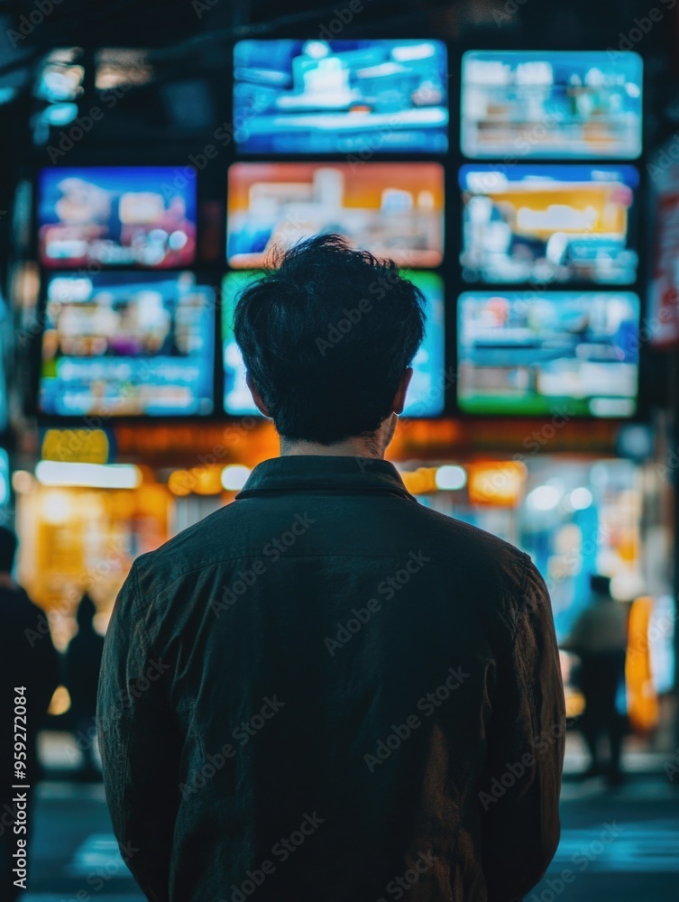 A Man Standing In Front of a Display Screen with Several TVs A Man Standing In Front of a Display Screen with Several TVs
