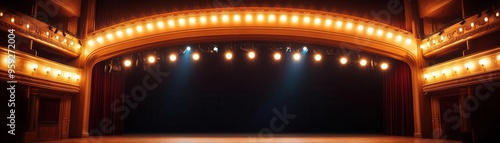 Stage lights forming an arch, soft warm tones, elegant and welcoming atmosphere, classic theater vibe