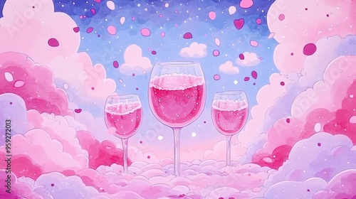 Whimsical wine glasses amidst dreamy pink cloudscape with petals photo