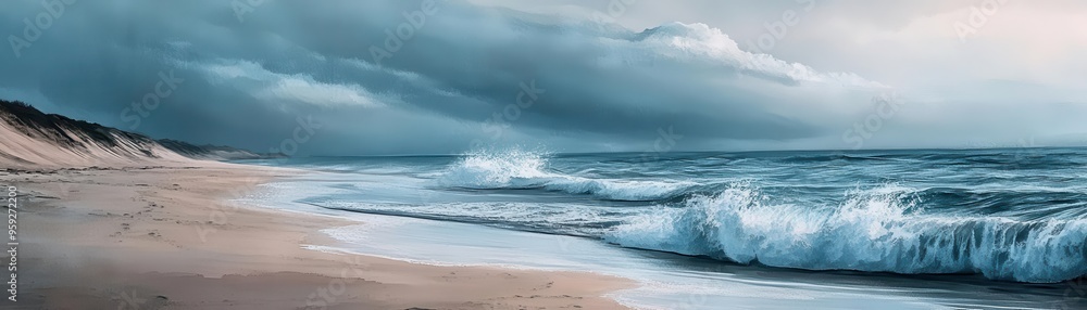 waves crashing on a lonely sandy beach flat design, front view, moody evening, watercolor, Split-complementary color scheme waves crashing on a lonely sandy beach flat design, front view, moody evening, watercolor, Split-complementary color scheme