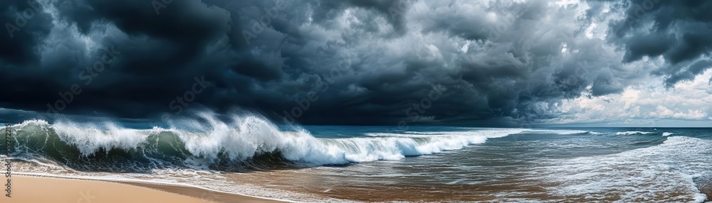 Obraz premium waves crashing on the sandy beach under storm clouds flat design, front view, dark skies, animation, Triadic Color Scheme