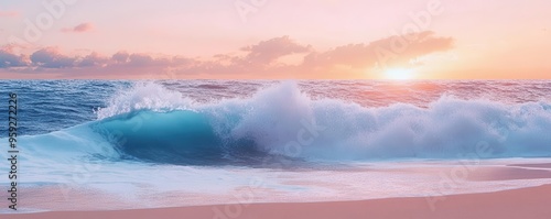 waves crashing onto a sandy beach flat design, front view, coastal sunset, animation, colored pastel