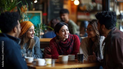 A group of friends chatting and laughing together in a cozy, warmly lit café, capturing the essence of social interaction, happiness, and the comfort of friendship.