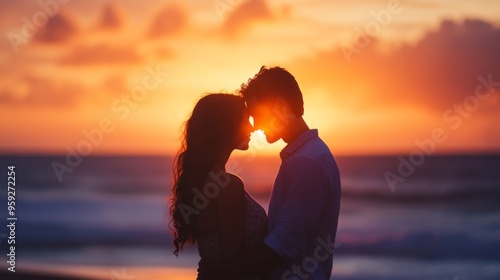 Fototapeta Naklejka Na Ścianę i Meble -  A warm and intimate image of a silhouetted couple sharing a quiet moment against a stunning sunset on a tranquil beach, evoking romance and peacefulness.