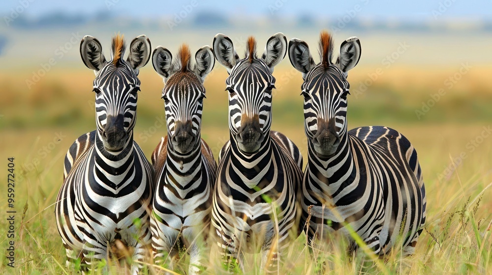 Fototapeta premium Four zebras standing close to each other,