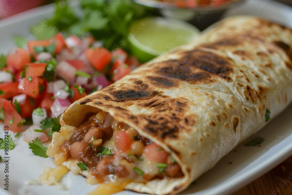 Savory bean and cheese burrito with warm tortilla and flavorful fillings in traditional Mexican style Savory bean and cheese burrito with warm tortilla and flavorful fillings in traditional Mexican style