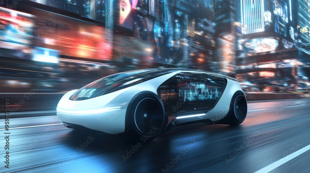 A futuristic self-driving car navigating a busy urban street A futuristic self-driving car navigating a busy urban street