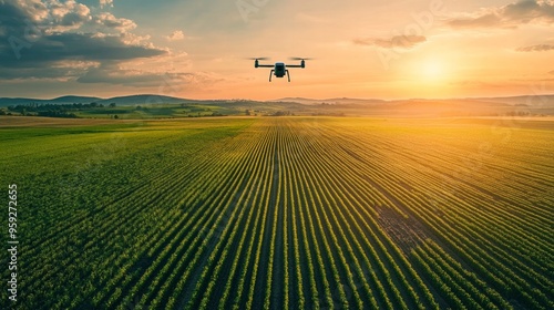 Drone hovering over a vast agricultural field, analyzing crop health