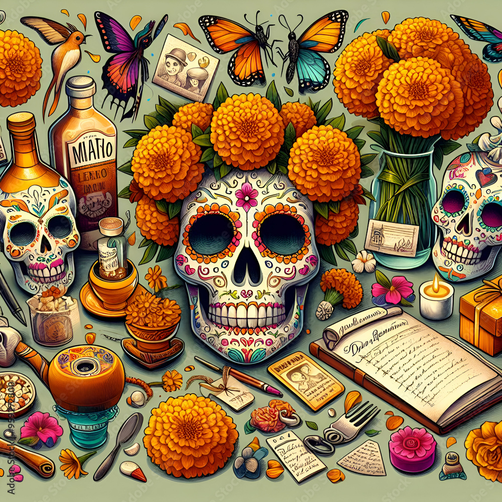 Fototapeta premium Day of the Dead Illustration with Marigold Flowers, Sugar Skulls and Personal Mementos