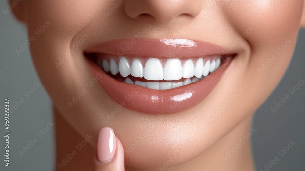 Obraz premium A close-up image of a woman's mouth, highlighting her perfect white teeth and a finger pointing to them. The picture emphasizes dental hygiene and beauty.
