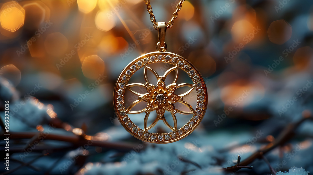 Golden Diamond Pendant Necklace on a Bokeh Background - Illustration Golden Diamond Pendant Necklace on a Bokeh Background - Illustration