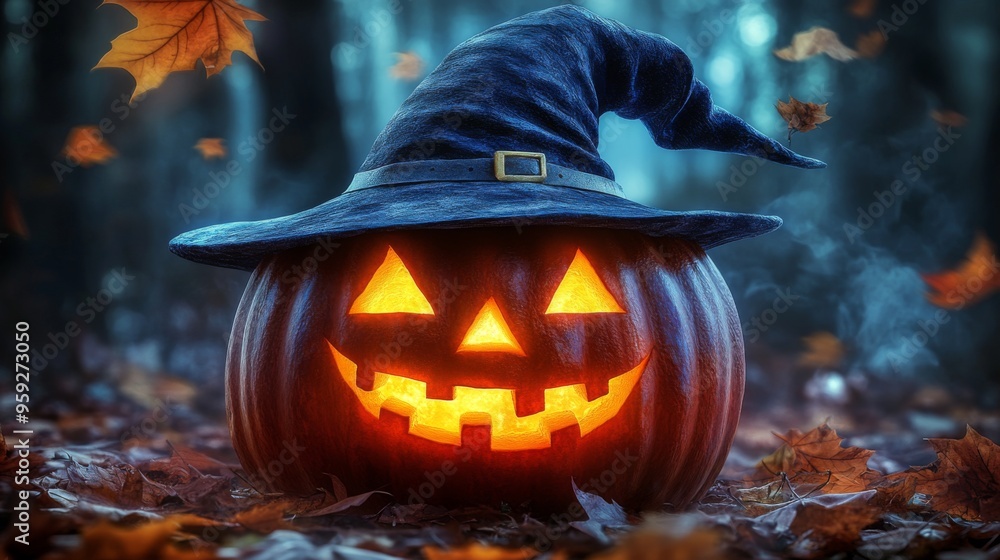 Naklejka premium A glowing Jack-o'-lantern carved with a classic smiling face, wearing a witch hat, placed among fallen leaves in a misty forest, representing Halloween in an autumnal setting.