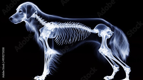 A detailed X-ray image of a dog that reveals its complete skeletal structure, showcasing the bones and joints in a clear, scientific visualization for educational or veterinary purposes. photo