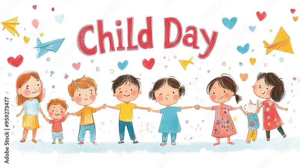 A colorful illustration featuring smiling children of various appearances holding hands cheerfully celebrating Child Day, highlighting friendship, unity, and happiness among kids. A colorful illustration featuring smiling children of various appearances holding hands cheerfully celebrating Child Day, highlighting friendship, unity, and happiness among kids.