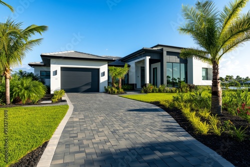 Explore this stunning modern Miami home featuring elegant design, a striking brick driveway, lush landscaping, and beautiful palm trees, ideal for luxurious living in a serene setting photo