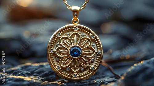 Golden Pendant with Blue Gemstone and Diamonds - Illustration