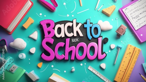 Vibrant school supplies such as pencils, rulers, and notebooks with 'Back to School' text, signifying the return to academic activities, set against a colorful background. photo