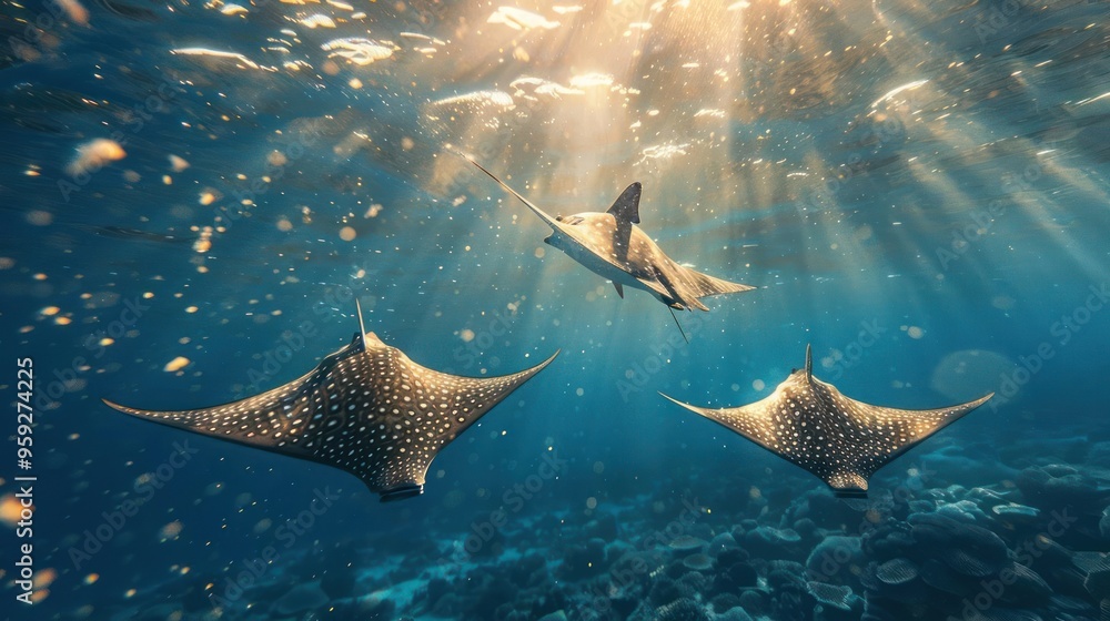 Fototapeta premium An octopus, a pufferfish and two sea stingrays in the ocean on a sunny day.