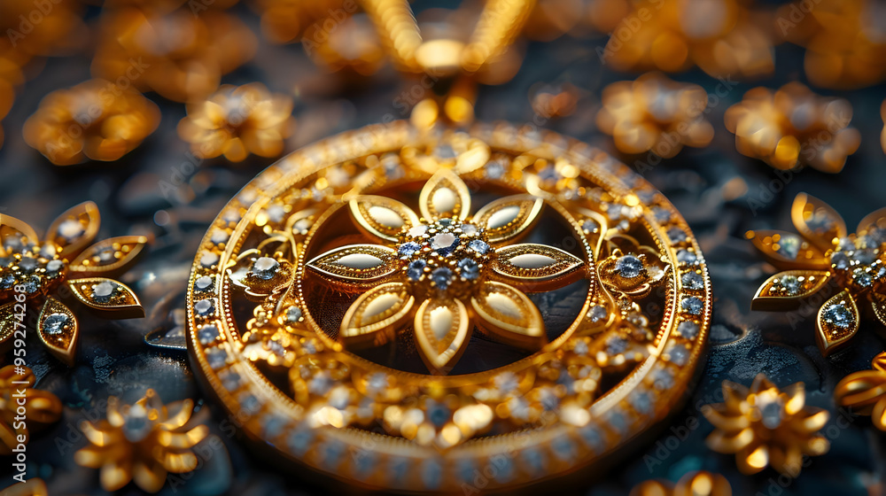 Golden Flower Pendant with Diamonds - Close-Up Illustration Golden Flower Pendant with Diamonds - Close-Up Illustration