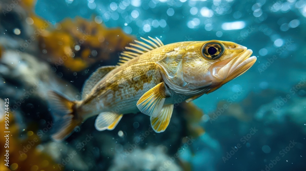 Fototapeta premium A colorful fish, possibly a clownfish, swims close to an underwater scuba diver.