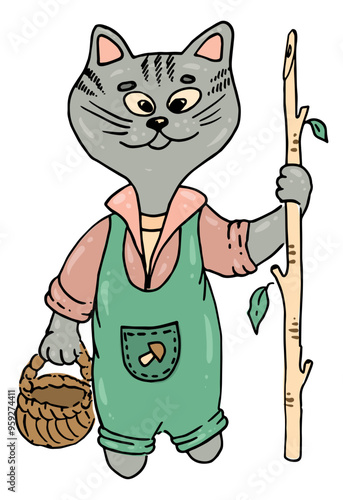 Cat picking mushrooms with a basket and a stick in overalls. Vector cute cat mushroom picker. For t-shirts, clothes, sticker, greeting cards