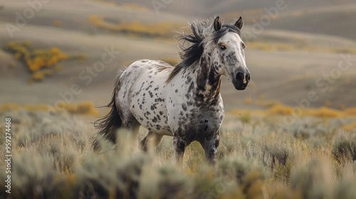 A majestic spotted horse stands in a field with tall grass, photo