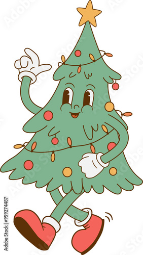Funny retro Christmas tree character. Vintage Xmas mascot. Vector illustration