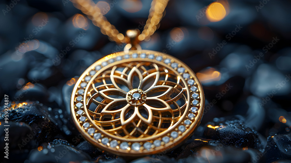 Golden Pendant with Diamond Detail on Black Background Golden Pendant with Diamond Detail on Black Background