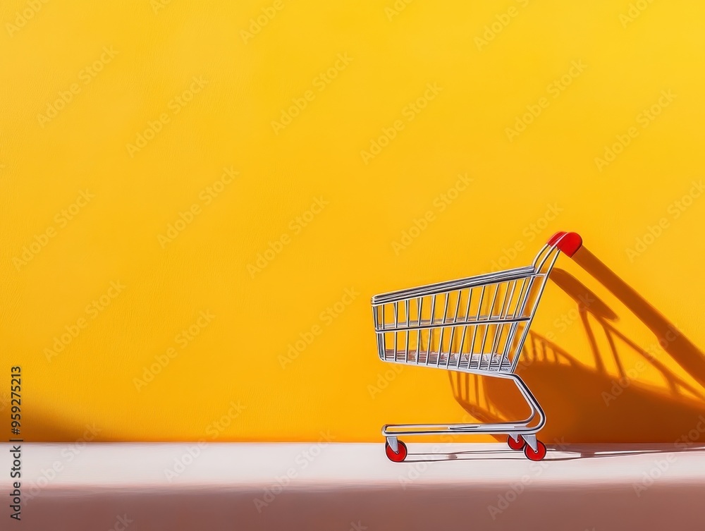 A minimalistic shopping cart on a vibrant yellow background, perfect for e-commerce and retail themes. A minimalistic shopping cart on a vibrant yellow background, perfect for e-commerce and retail themes.