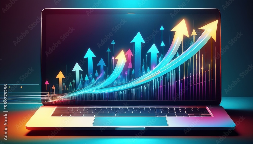 Fototapeta premium Abstract high speed growth up arrows on a laptop screen. Fast internet concept
