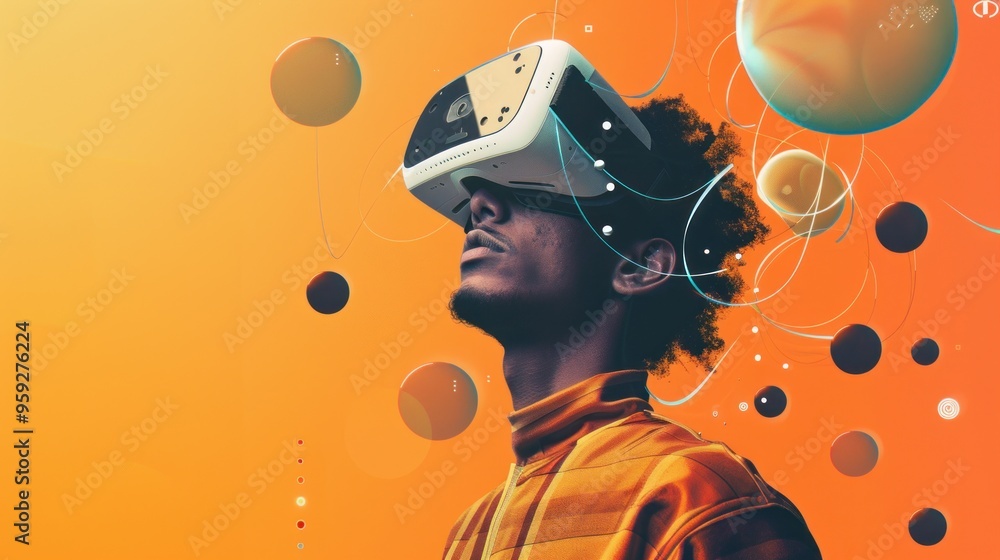 custom made wallpaper toronto digitalMan wearing smart VR headset with futuristic technology in abstract shape. AI generated images